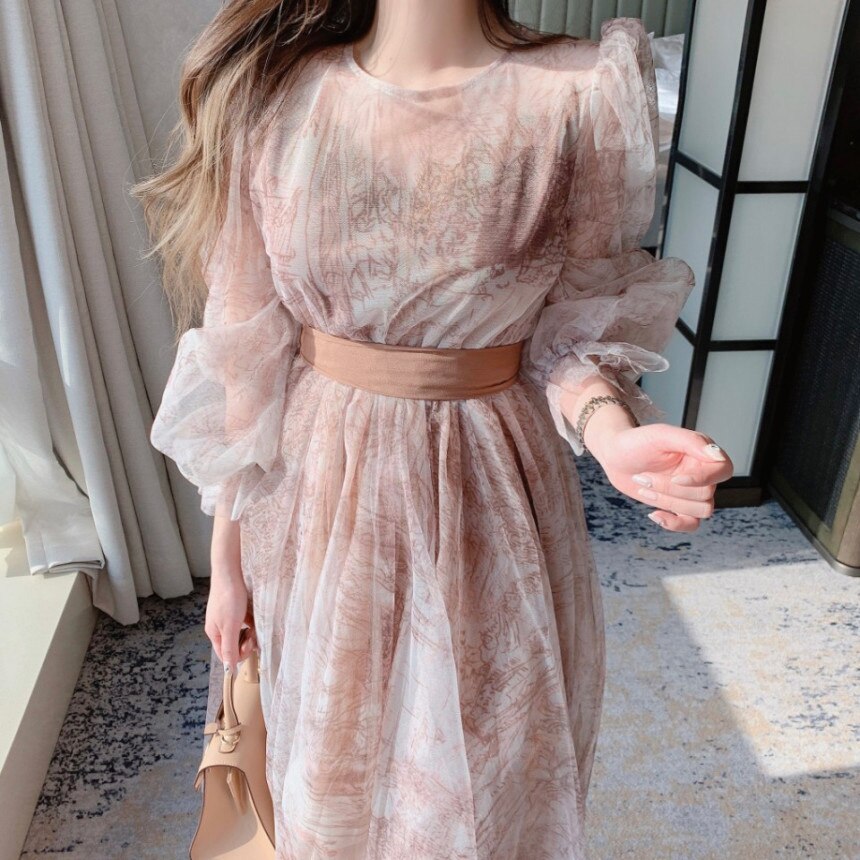 flowersverse Blue Mesh Vintage Dress Woman O-Neck Puff Sleeve Bodycon Dress Female Lace Up Flower Printed Elegant Woman's Clothing Chic