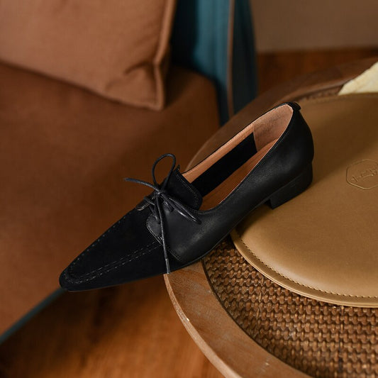 Back to school Women's pumps natural leather 22-24.5cm kid suede+cowhide upper Full leather small square toe lace-up shoes womens shoes