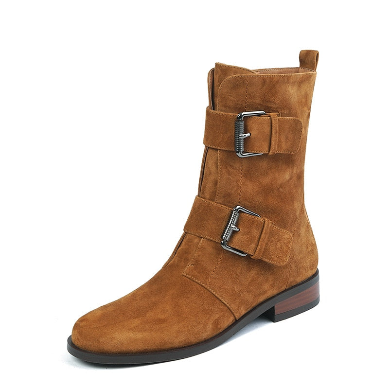 flowersverse Autumn and winter Women ankle boots natural leather 22-25CM sheep suede modern boots side zipper double buckle short boots