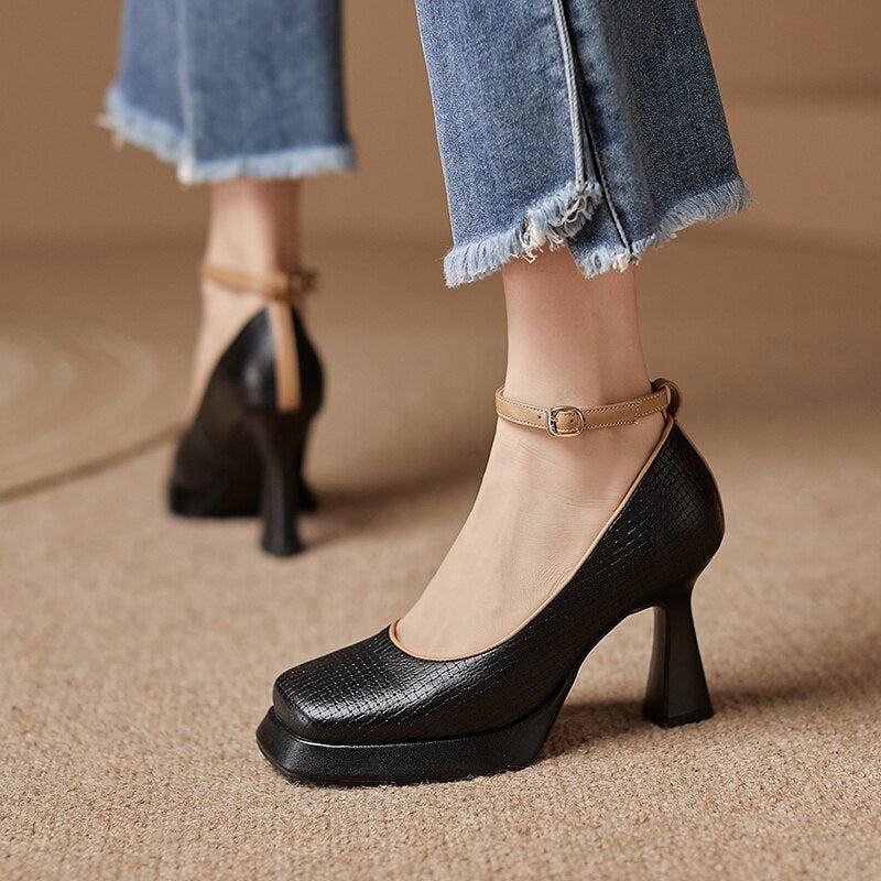 Back to school new spring women pumps natural leather 22-24.5cm length cowhide+pigskin buckle Mary Jane shoes high heel Ankle strap shoes