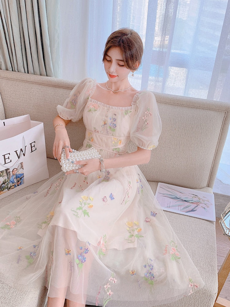 flowersverse Back to school outfit Chic Vintage Mesh Lace Fairy Dress Summer Woman Embroidery Floral Puff Sleeve Romantic Princess Dresses For Date Party Night