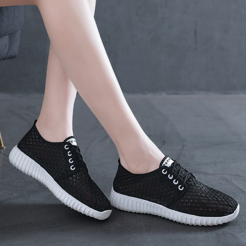flowersverse Womens Shoes Hollow Out Breathable Lace Up Flats Breathable Mesh Lightweight Shoes Casual All-match Sneakers Zapatos De Mujer
