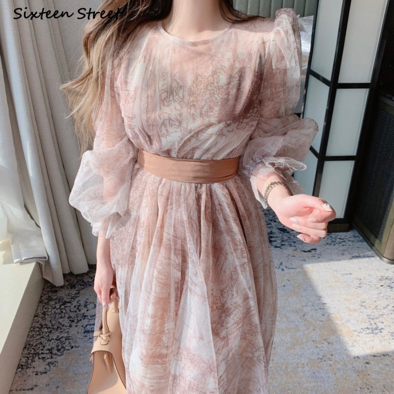 flowersverse Blue Mesh Vintage Dress Woman O-Neck Puff Sleeve Bodycon Dress Female Lace Up Flower Printed Elegant Woman's Clothing Chic