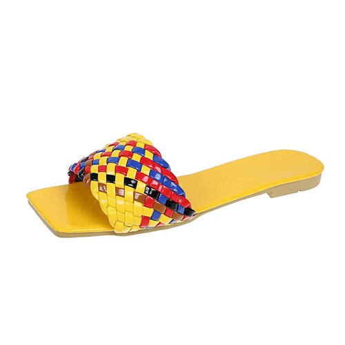 flowersverse New Fashion Weave Slippers Women Square Toe Flat Casual Shoes Women Slide Summer Flip Flops Beach Sandal Slipper Big Size42