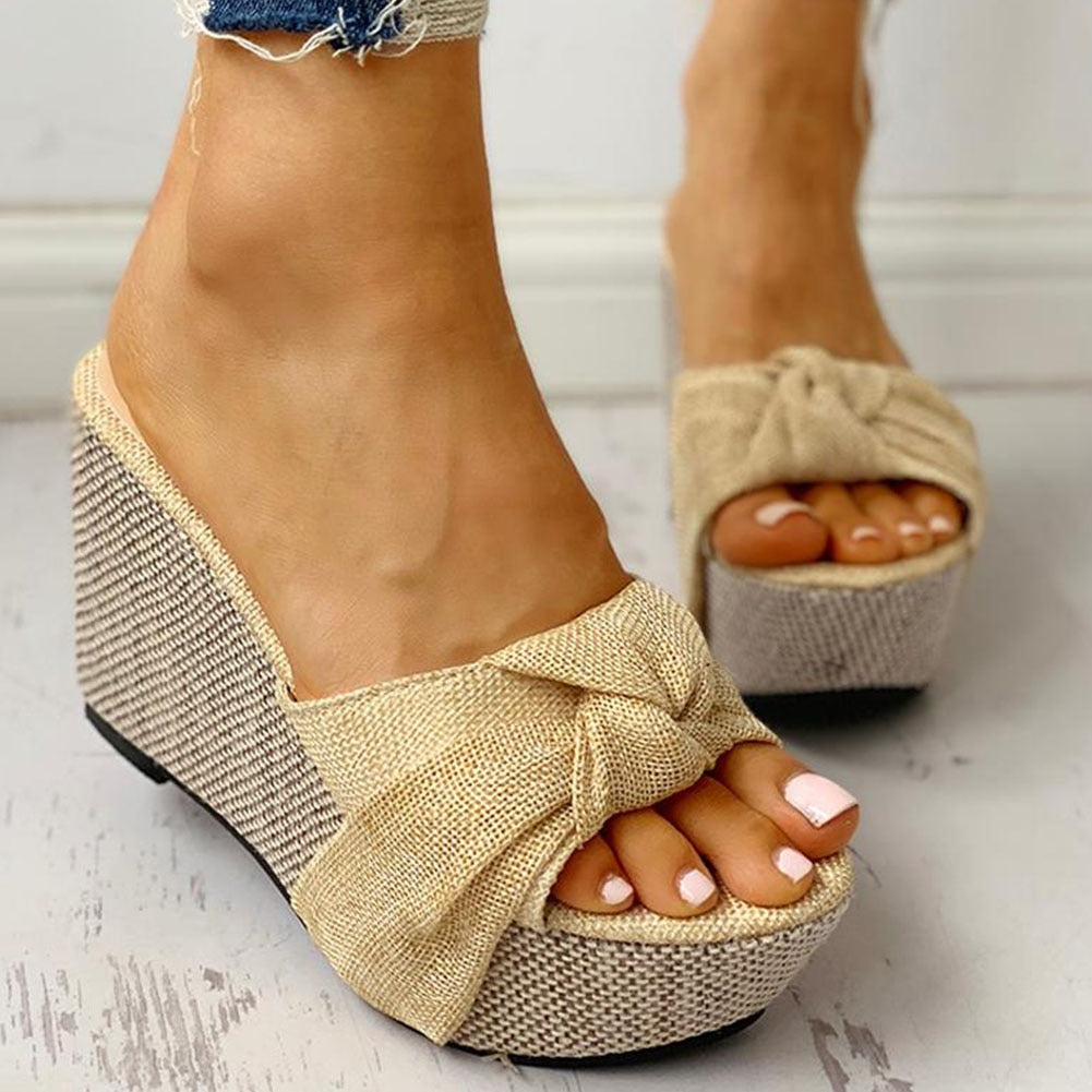 flowersverse Bow Tied Slip on Leisure Platform Summer Sandals Wedges High Heels Women Shoes Woman Mules Flip Flops