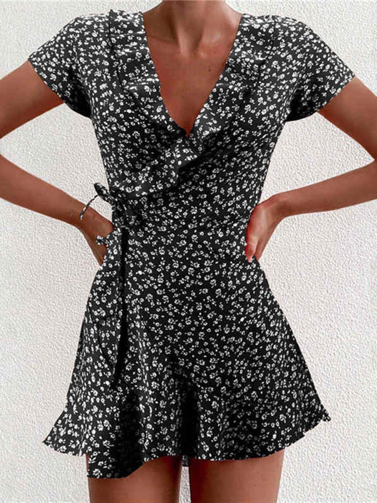 flowersverse Women Dress Boho Floral Ruffle Short Mini Dress Summer Knot V-Neck Party Holiday Dress Femme Vestido De Mujer