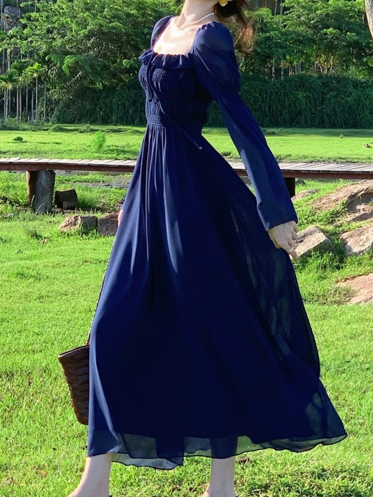 flowersverse Autumn Casual Elegant A-Line Party Dresses for Women Vintage Solid French Style Prom Robe Female Fashion Wedding Vestidos