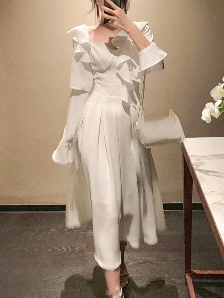 flowersverse Back to school outfit Summer Long Sleeve Pure Color Dress Woman Casual Elegant Midi Dress Vintage Korean Fashion Evening Party Dress Design Slim