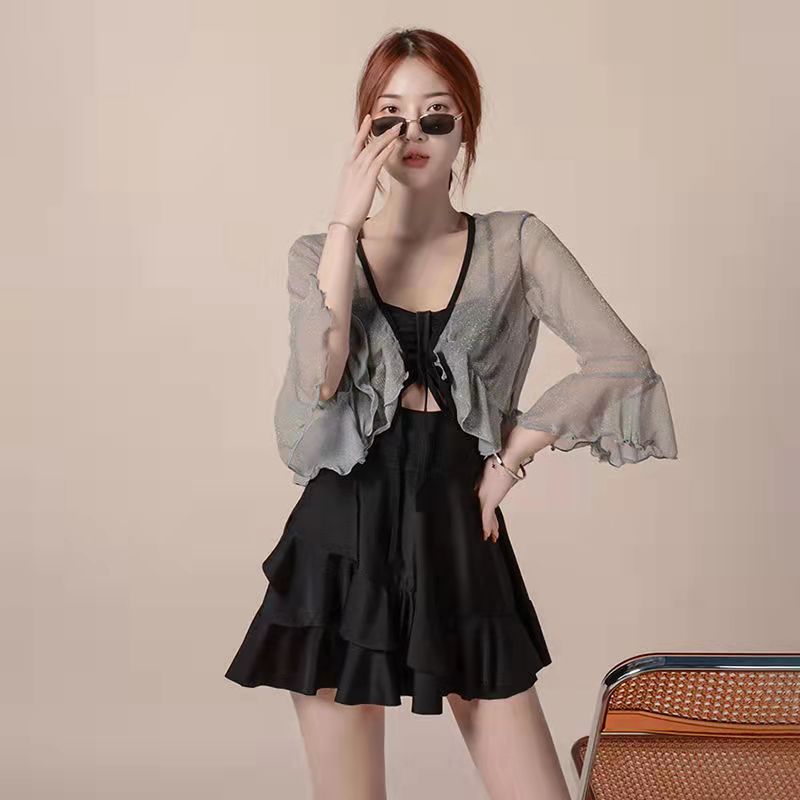 flowersverse 3 Piece Bikini Set Korean Cute Swimsuit Women Underwire Ruffle A-Line Skirt High Waist Bikini Cover Up See Through Bikinis