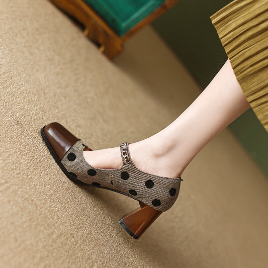 Back to school new spring women pumps natural leather 22-25cm length cowhide+Denim Color blocking dot metal chain buckle Mary Jane shoes