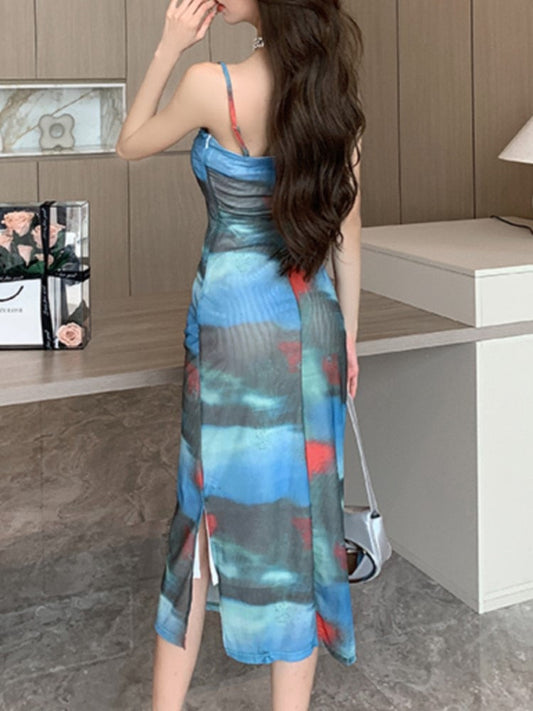 flowersverse Bodycon Slim Spaghetti Strap Midi Summer Dresses Women Elegant and Chic Party Beach Print Vestidos Female Evening Robe New