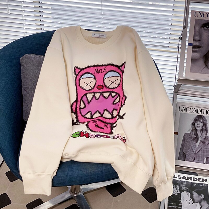 flowersverse Black White Cute Demon Harajuku Sweatshirt Korean Style Streetwear Vintage Oversize Fleece Winter Warm Crewneck Sweatshirt Women