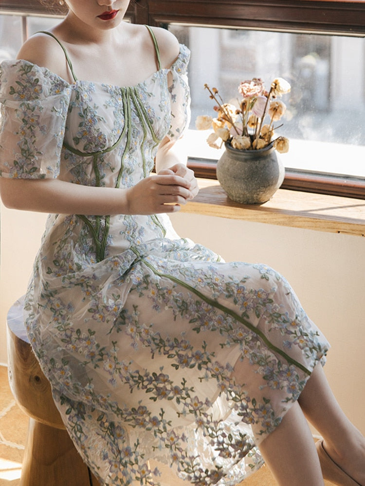 flowersverse Back to school Summer Woman Chic Dress Vintage French Style Embroidery Floral Puff Sleeve Mesh Fairy Dresses For Date Pary Night Vestido Festa