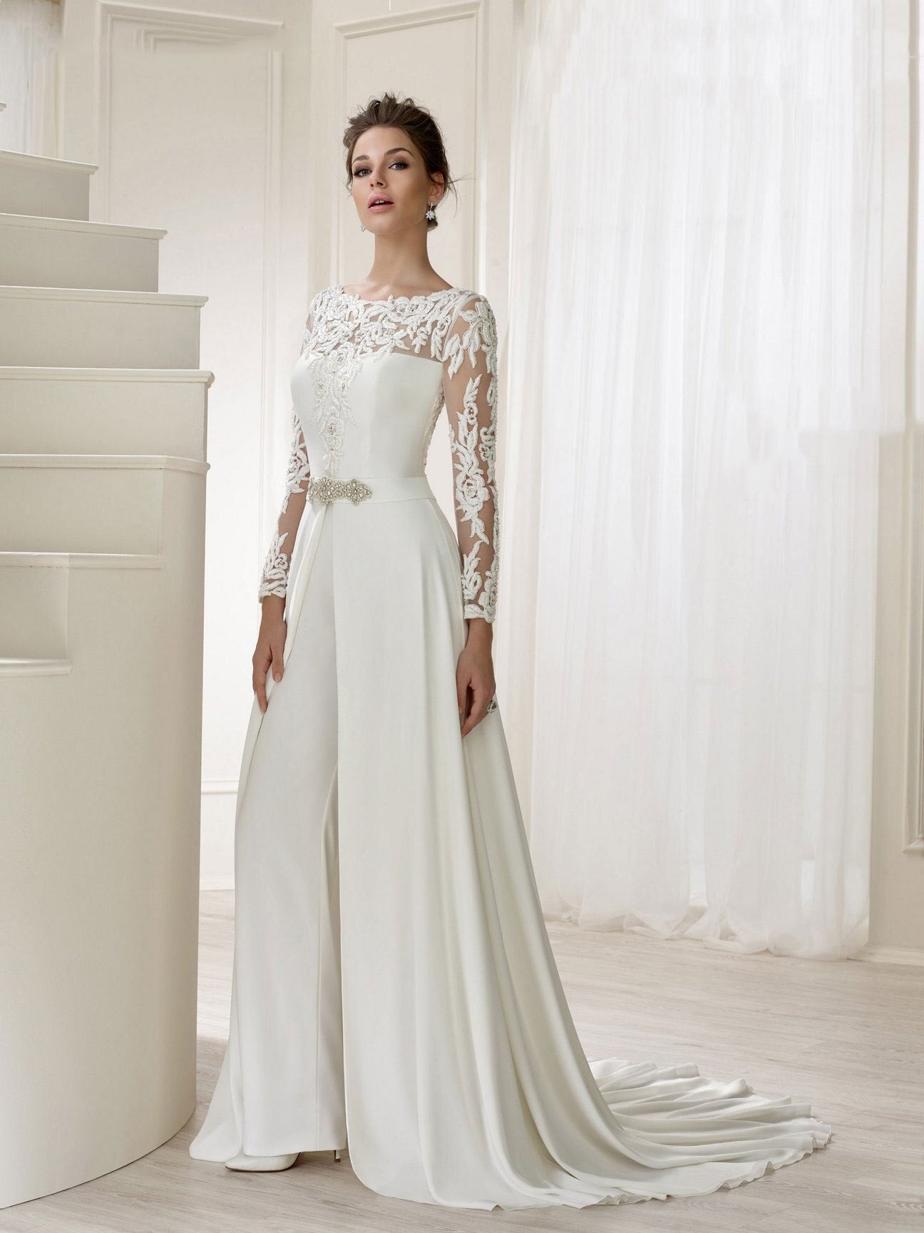 flowersverse Elegant Women's Evening Dress Lace Embroidered One-Piece Trouser Skirt With Cloak Solid Dress