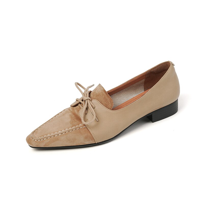 Back to school Women's pumps natural leather 22-24.5cm kid suede+cowhide upper Full leather small square toe lace-up shoes womens shoes