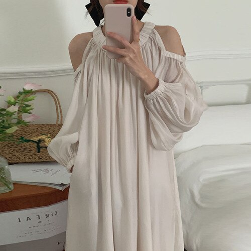 flowersverse Back to school outfit Elegant Dress Women Korean Chic Summer O Neck Off-The-Shoulder Design Loose Puff Sleeve Long Vestidos Mujer Female