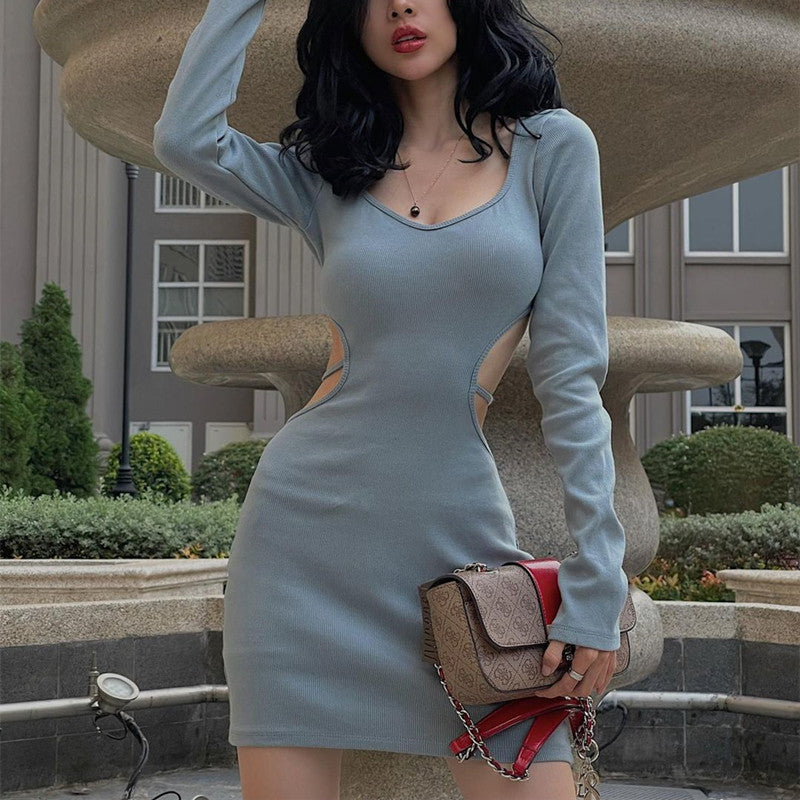 flowersverse Blue Bodycon Dresses For Women Spring Fashion Cut Out Lace Up Backless V Neck Long Sleeve Mini Dres N33-BH18