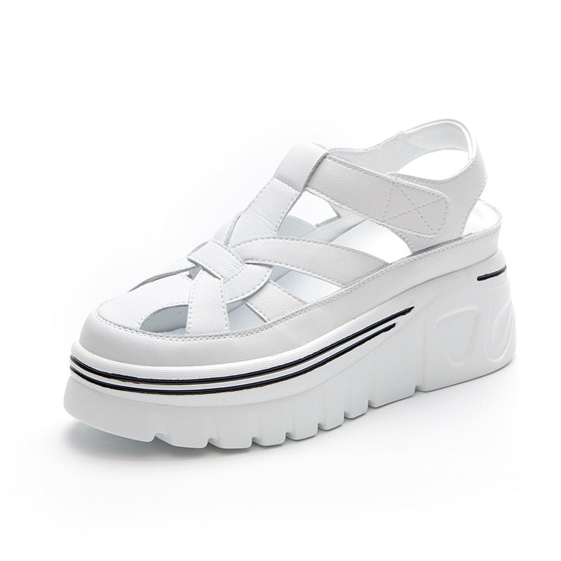 flowersverse 6Cm Genuine Leather Women Platform Sandals Wedge Slides Hook Look Women Summer Shoes Slides Slippers Elegant White Shoes