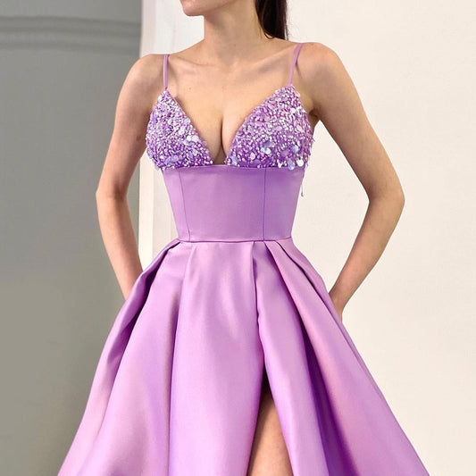 flowersverse V-Neck Sequined Long Dress Women Summer Black Spaghetti Strap Split Dresses Elegant Slim Solid Party Vestido Female