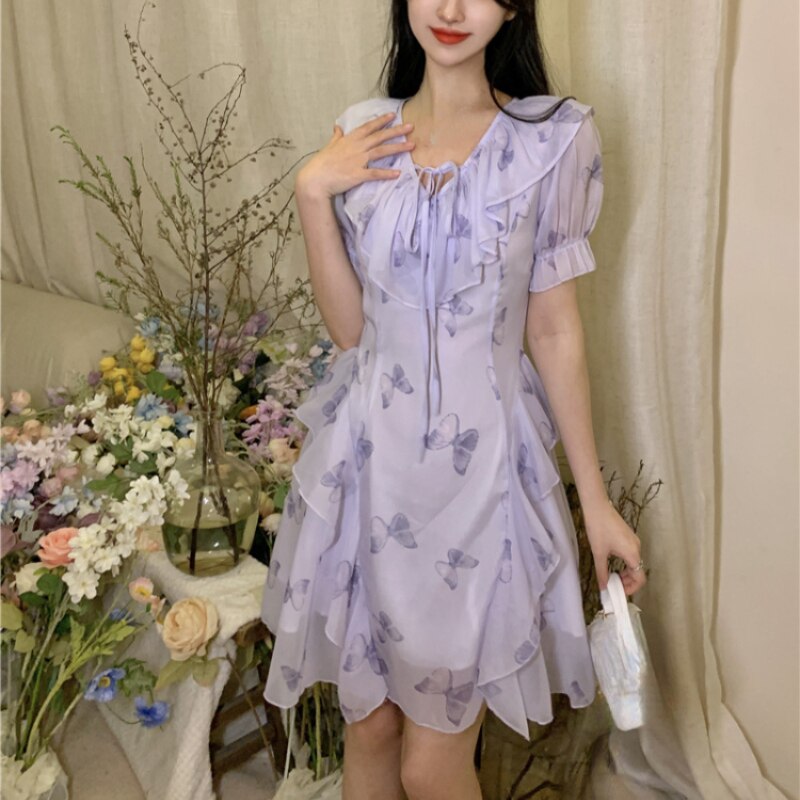 flowersverse Back to school outfit Ruffle Fairy French Dress Short Sleeve Slim Chic And Elegant Korean Fashion Mini Dress Beach Party Dresses For Women Summer