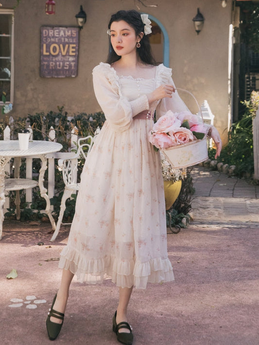 flowersverse Back to school outfit Cottage Style Retro Fairy Dress Woman Vintage Print Floral Lace Ruffles Puff Sleeve Soft Royal Princess Dresses Gorgeous Vestido