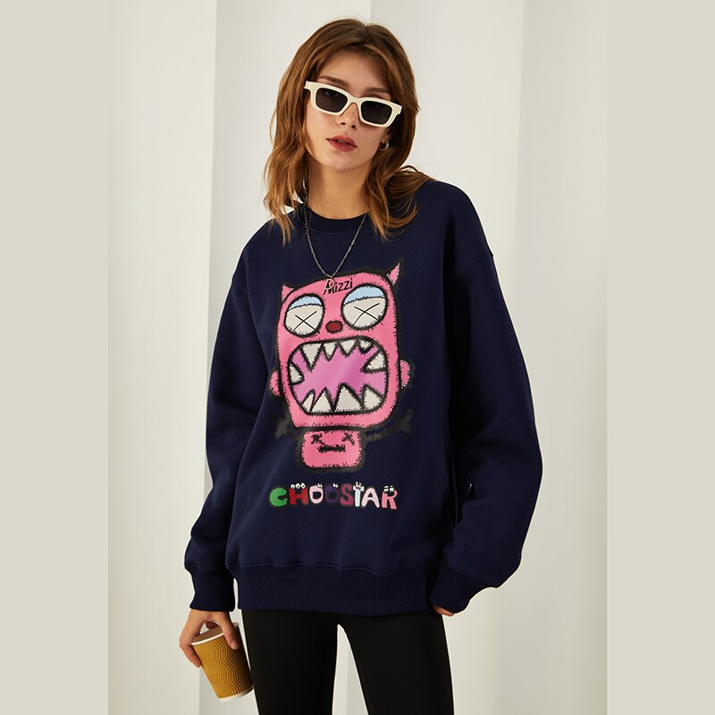 flowersverse Black White Cute Demon Harajuku Sweatshirt Korean Style Streetwear Vintage Oversize Fleece Winter Warm Crewneck Sweatshirt Women
