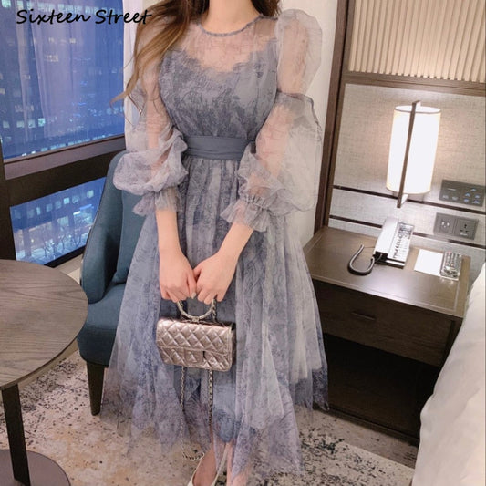 flowersverse Blue Mesh Vintage Dress Woman O-Neck Puff Sleeve Bodycon Dress Female Lace Up Flower Printed Elegant Woman's Clothing Chic