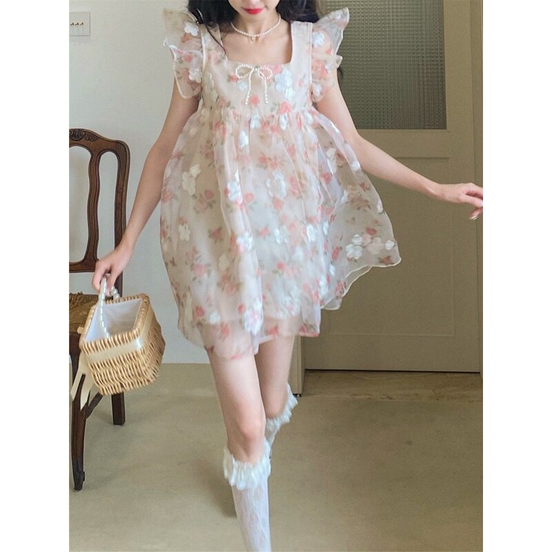 flowersverse Back to school outfit Design Sweet Fairy Floral Dress Women Sleeveless Kawaii Clothing Lolita Mini Dress Female Summer Beach Style Sundress Party