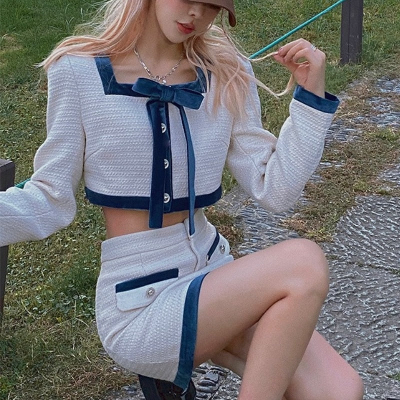 flowersverse Autumn Kawaii Two Piece Set Women Korean Fashion Patchwork Party Mini Skirt Suit Female Long Sleeve Bow Designer Skirt Set