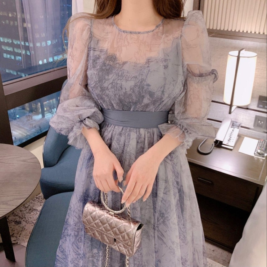 flowersverse Blue Mesh Vintage Dress Woman O-Neck Puff Sleeve Bodycon Dress Female Lace Up Flower Printed Elegant Woman's Clothing Chic
