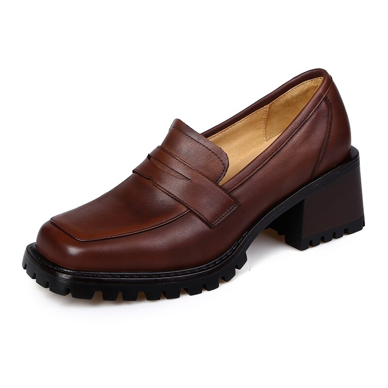 Back to school new Women pumps natural leather 22-25cm Washed cowhide+pigskin full leather square toe soft leather fashion women shoes