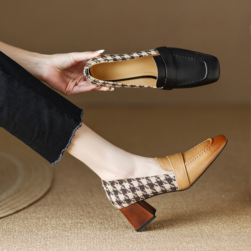 Back to school new Spring women pumps natural leather plus size 22-25cm cowhide+Plaid full leather square toe thick heels women shoes