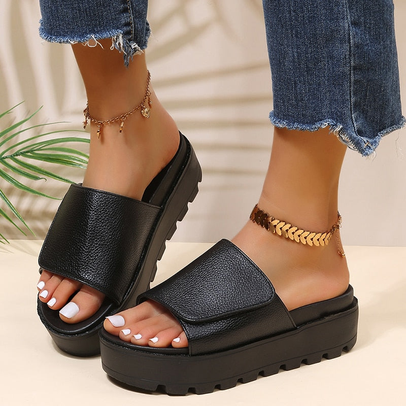 flowersverse Black PU Leather Platform Slippers Women Plus Size 43 Thick Soled Sandals Woman Summer Non-slip Slides Shoes Female