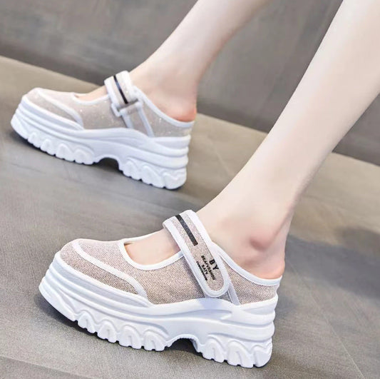 flowersverse 7.5Cm Glitter Platform Slippers Women Summer Shoes Wedge Sandals Hookloop Slides Shoes Sneakers Slip On Rhinestone