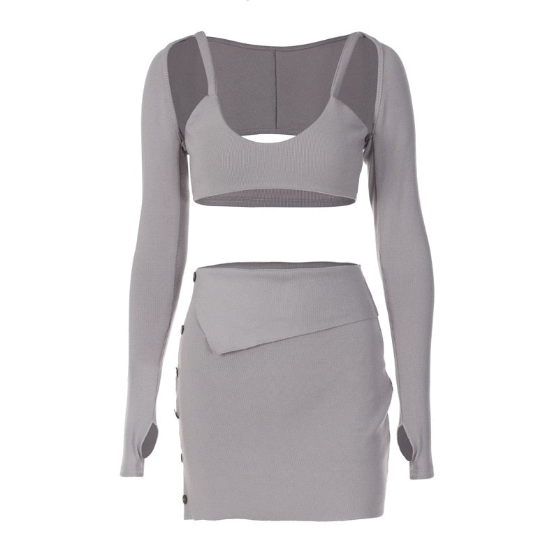 flowersverse 3 Piece Set Long Sleeve Crop Top And Mini Skirts Matching Sets Sexy Outfits For Woman Dress Sets N95-DI42