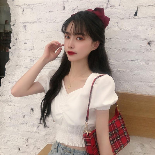 flowersverse Blouses Shirts Women Summer Puff-Sleeve Square Collar Solid Pleated Sweet Girls Crop-Top Korean Style Elegant Fashion Vintage