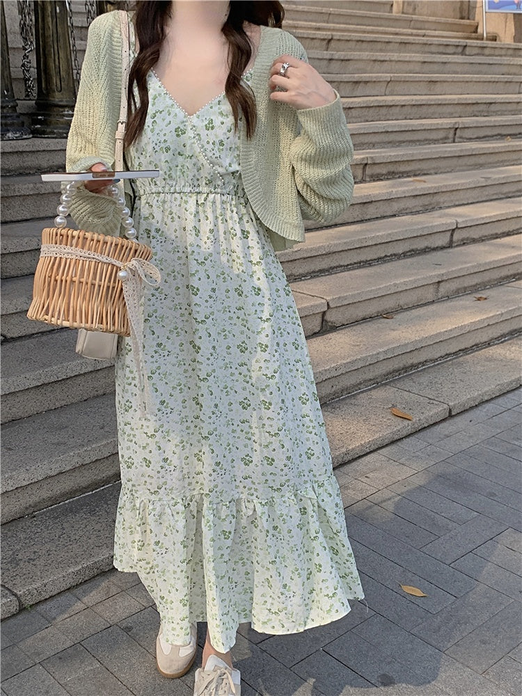 flowersverse Back to school outfit Floral Strap Dress Women Casual Elegant Vintage 2 Piece Dress Set Even Party Sleeveless Fashion Suits Korea Clothing Summer