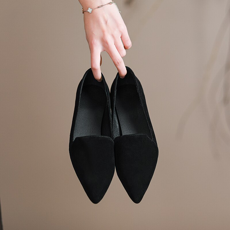Back to school spring Women's pumps Natural Leather 22-24.5cm Sheep suede upper pointed Thick high heels shoes for women 4/6/8cm heel