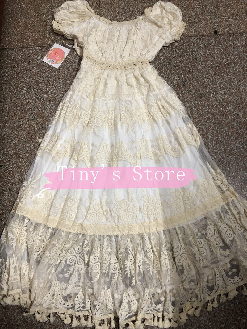 flowersverse Back to school outfit Summer Lace Fairy Dress Vintage Slash Neck Off Shoulder Tassel Floor Length Princess Dresses For Holiday Evening Party Night