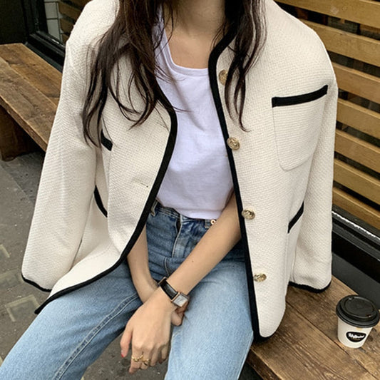 flowersverse Back to school outfit Sweet Chic Coat Woman Autumn Korean Vintage Contrast Color Single Breast Loose Long Sleeves Versatile Short Jacket