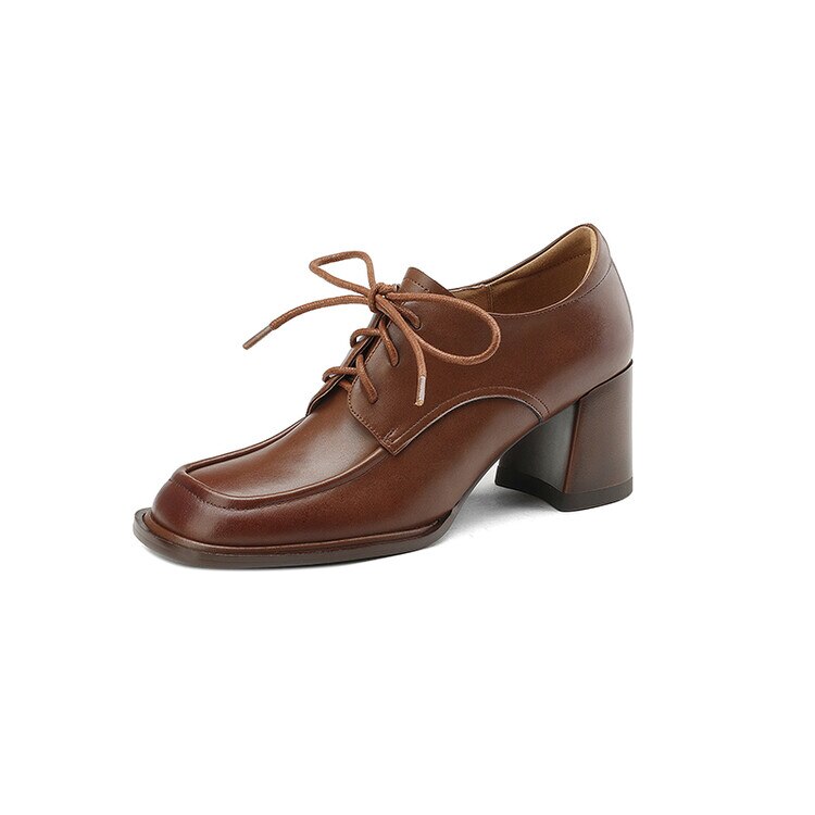 flowersverse Spring Women Loafers Split Leather Pumps Women Round Toe Square Heel Women Shoes Casual High Heel Shoes Women Lace-up Shoes