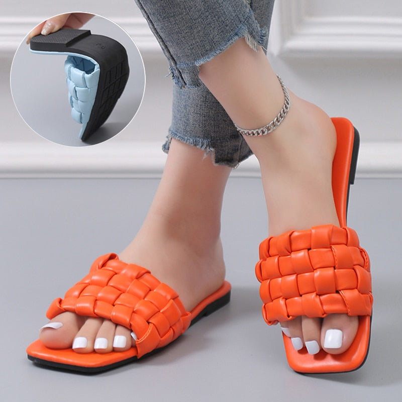 flowersverse Design Weave Soft Slippers for Women Summer Orange PU Leather Beach Flip Flops Female Square Toe Flat Sandals Plus Size 43