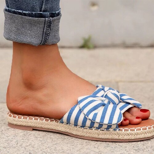 Back to school flowersverse Women's Bow Slippers Summer Ladies Sandals Flat Woman Stripe Open Toe Slides Female Beach Shoes Women Slip On Footwear