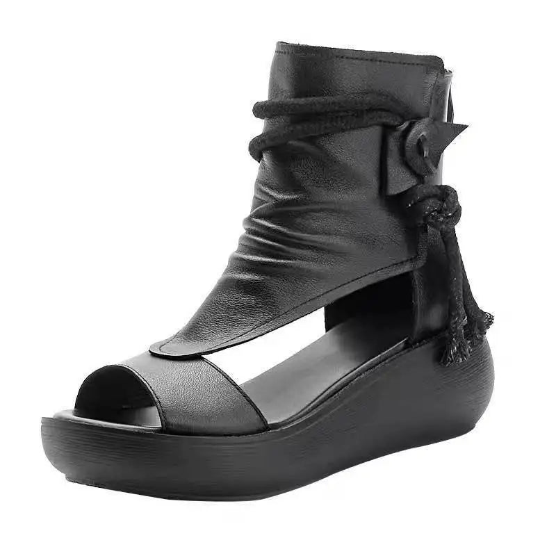 flowersverse-Shoes for Women Ladies Vintage Pu Leather Boots Fashion Women Sandals Summer Mid Heels Wedges Shoes Sandalias Mujer Sneakers
