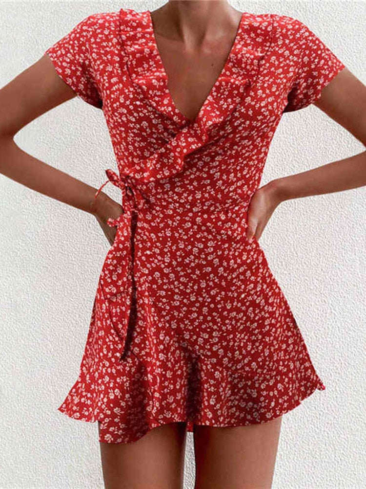 flowersverse Women Dress Boho Floral Ruffle Short Mini Dress Summer Knot V-Neck Party Holiday Dress Femme Vestido De Mujer