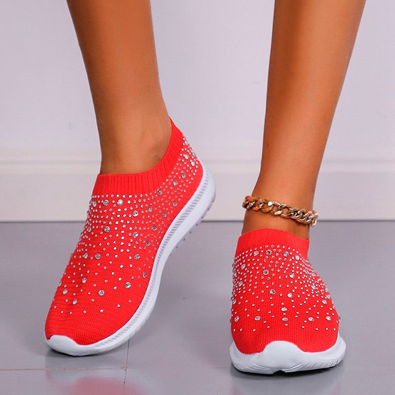 flowersverse Shining Crystal Flats Shoes for Women Plus Size Breathable Mesh White Sneakers Woman Spring Summer Soft Sole Sports Shoes