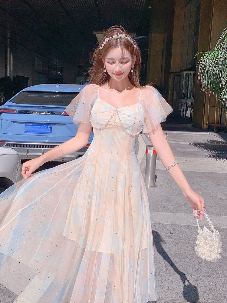 flowersverse Back to school outfit Korean Design Rainbow Fairy Dress Woman Summer Beading Flying Sleeve Sexy Mesh Dresses For Lady Party Night Vestido Mujer