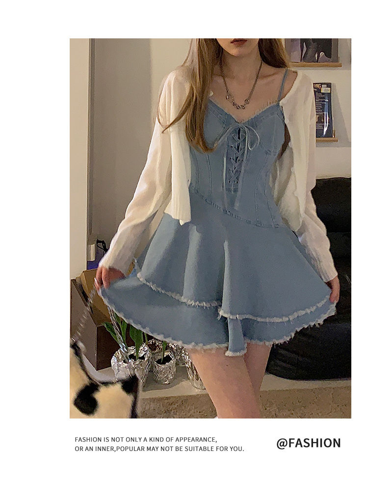 flowersverse Back to school outfit Summer Y2k Mini Dress Women Casual 2 Piece Dress Set Denim Blue Jean Dress Party Beach Style Korean Clothing Fashion Suits