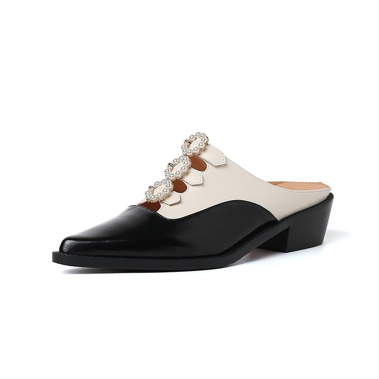 flowersverse Summer Shoes Women Pearl Women Slippers Covered Toe Chunky Mules Patent Leather Shoes for Women Slingback Sandals Handmade Shoes