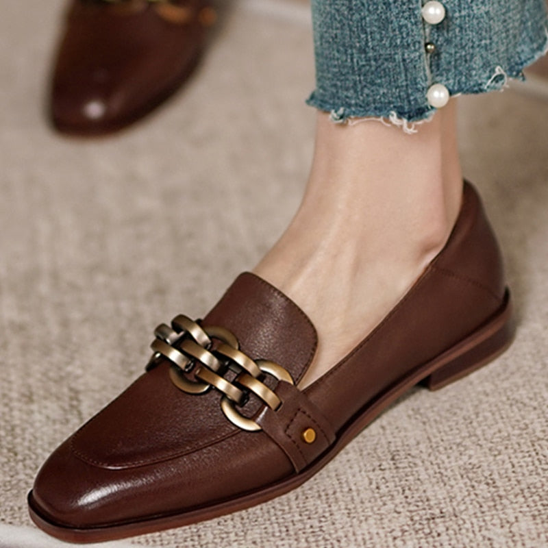 flowersverse New Women Chain Loafers 22-25cm Low Heels Genuine Leather Round Toe Slip on Loafers Ladies Cozy Casual Spring Shoes